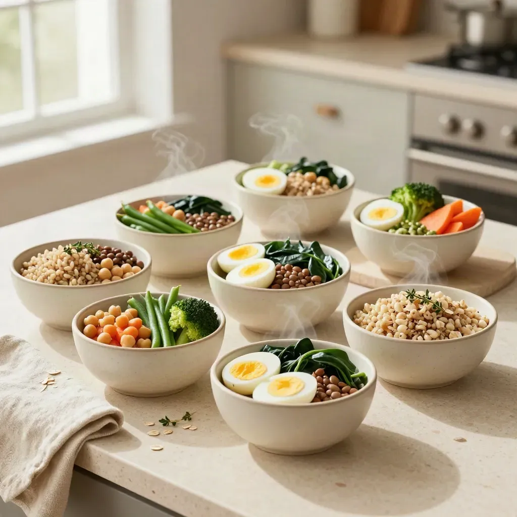 Sette ciotole di ceramica con cereali, verdure, legumi e uova sode su travertino chiaro
