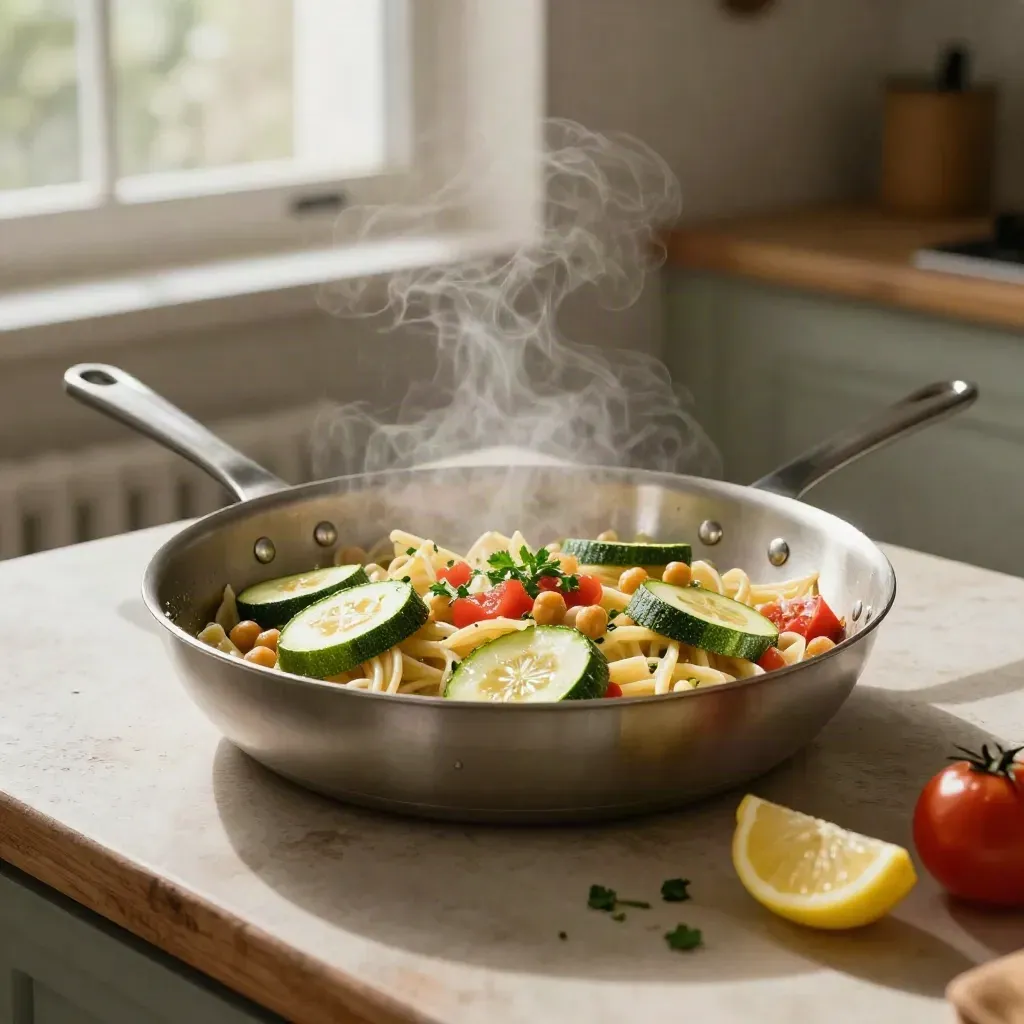 Padella con zucchine, ceci e pasta corta, con limone e prezzemolo sul banco