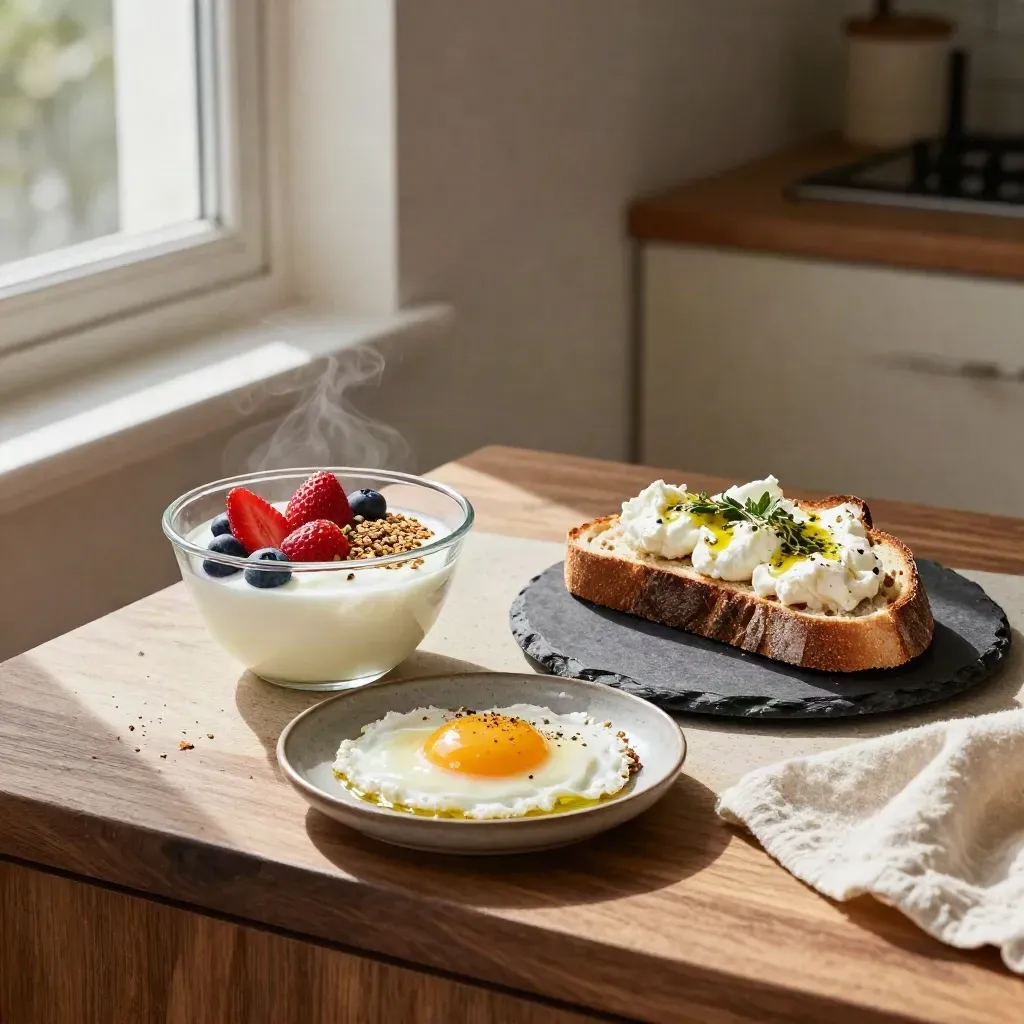 Tre colazioni su tavolo di legno: yogurt con frutta, toast alla ricotta e uova morbide.