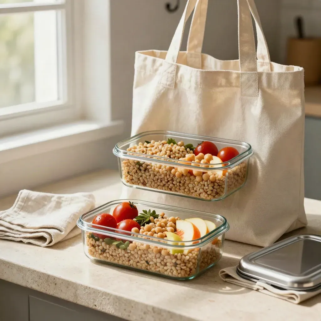 Due lunch box in vetro e acciaio con farro, ceci e frutta accanto a una tote di tela.