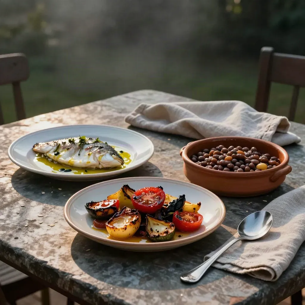 Tre piatti caldi su tavola esterna al tramonto, con verdure, pesce bianco e legumi.