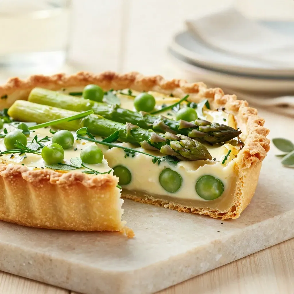 Torta salata con asparagi e piselli tagliata, su pietra chiara, vista dal basso