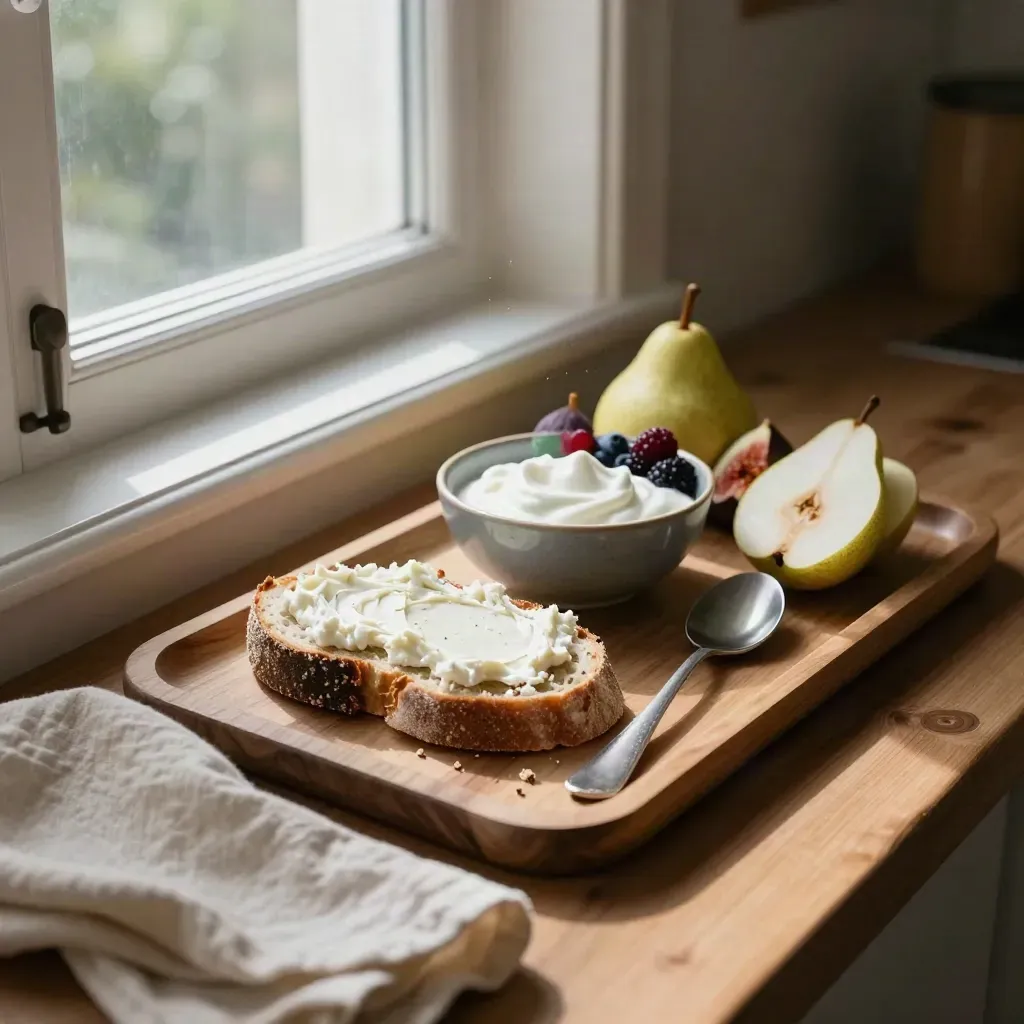 Vassoio di colazione con pane rustico, ricotta, frutta fresca e yogurt vicino alla finestra.