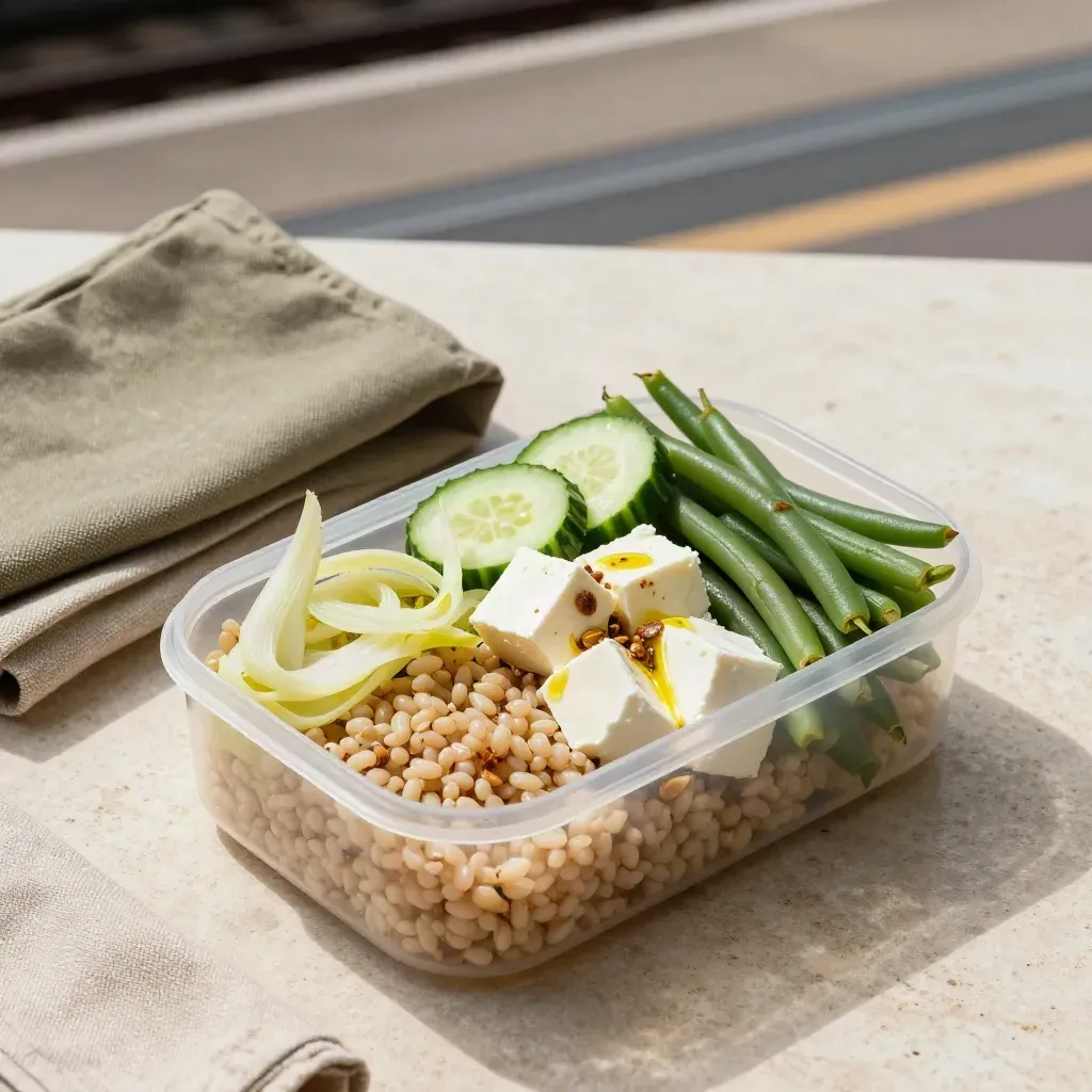 Box pranzo con farro, verdure croccanti e formaggio fresco su pietra chiara