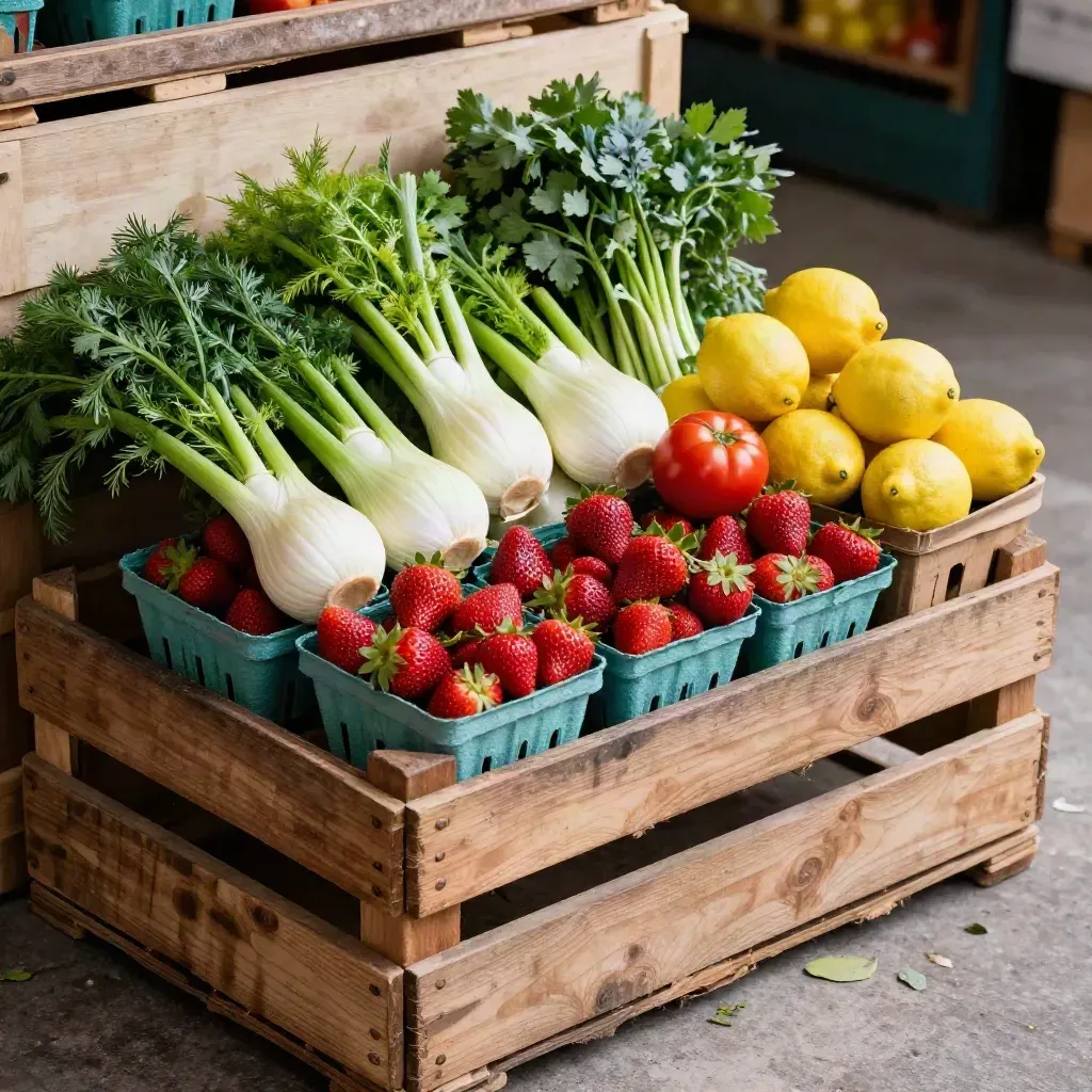 Cassette di mercato con fragole, finocchi, erbe e limoni in chiusura di mercato.