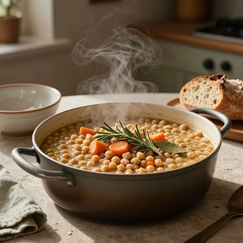 Pentola di ceci e lenticchie in cottura con pane, carote, rosmarino e ciotola di servizio.
