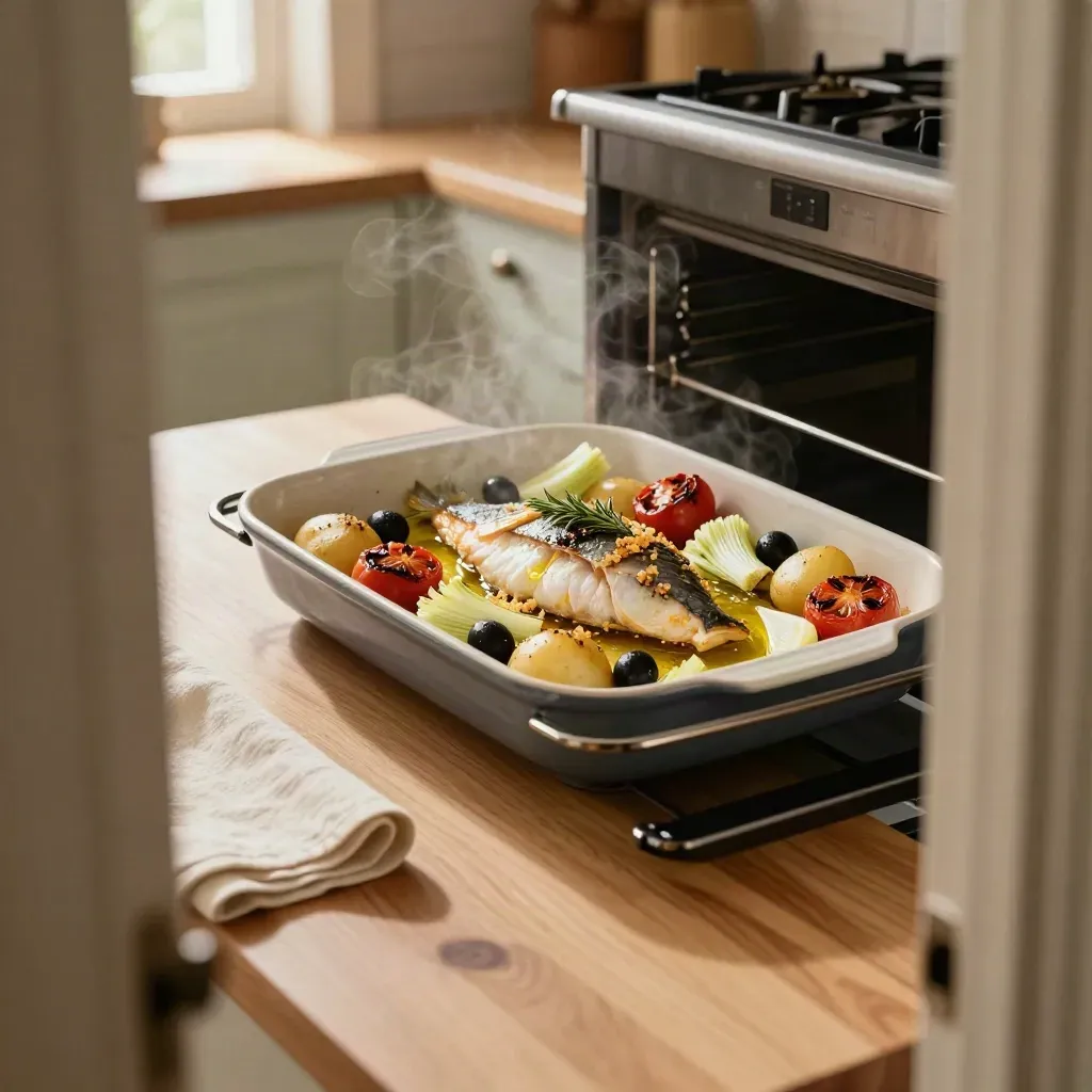 Teglia di pesce al forno con patate, finocchi e olive su tavola chiara, luce calda di cucina.