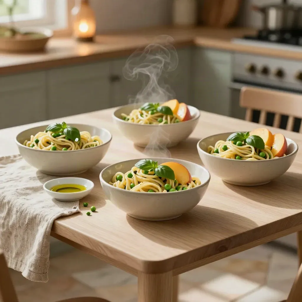 Ciotole di pasta, verdure e frutta su tavolo basso in una cucina calda e accogliente