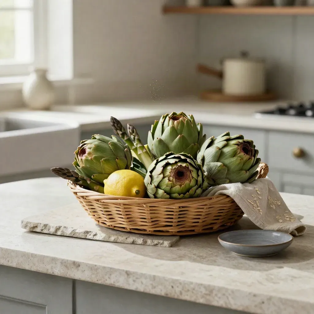 Cesto basso di carciofi, asparagi e limoni su vassoio di pietra, luce morbida.