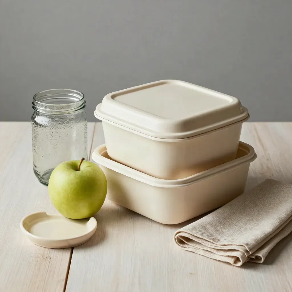 Lunch box impilata con vasetto di vetro, mela e canovaccio su legno chiaro.