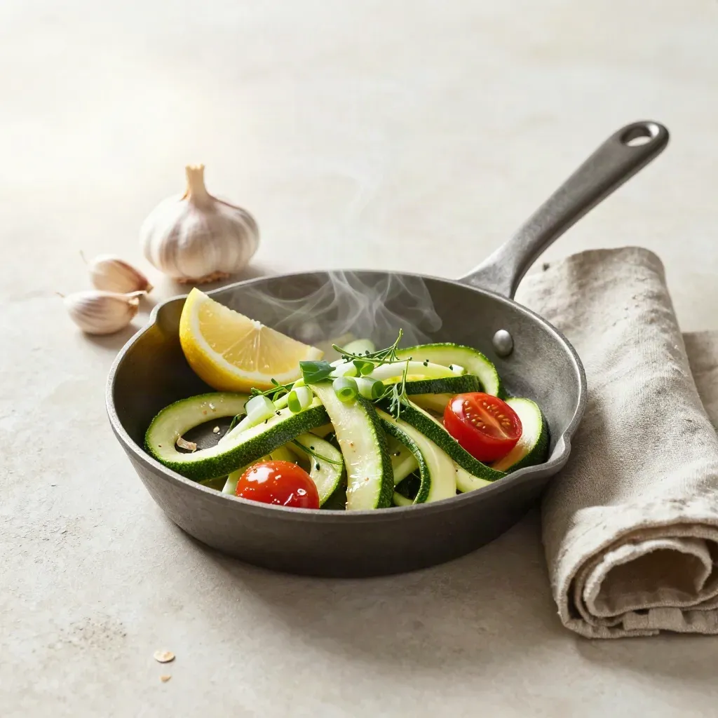 Padellina con verdure saltate, limone, aglio ed erbe su sfondo chiaro